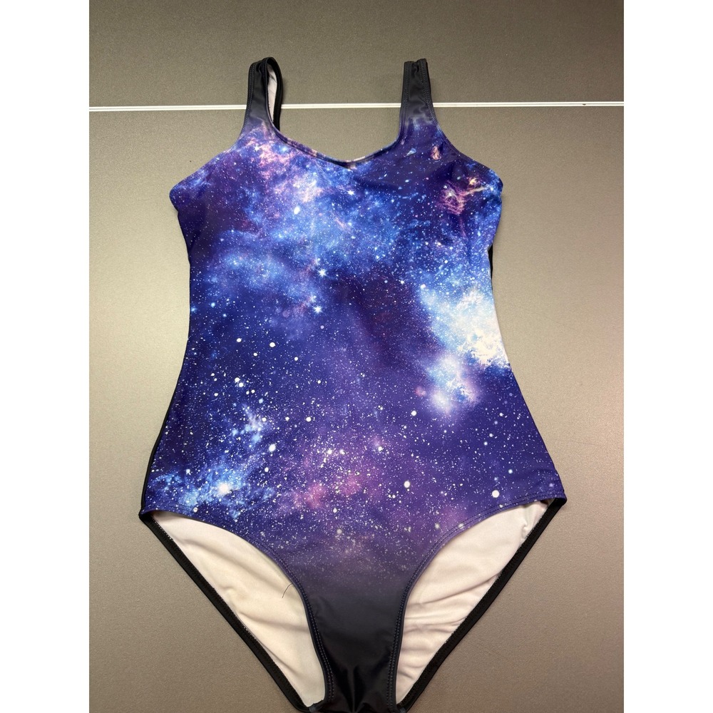 Galaxy Print One Piece Swimsuit Blue Purple Celestial Criss Cross‎ Back Womens